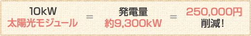 10kW（太陽光モジュール）＝発電量（約9,300kW）＝250,000削減！